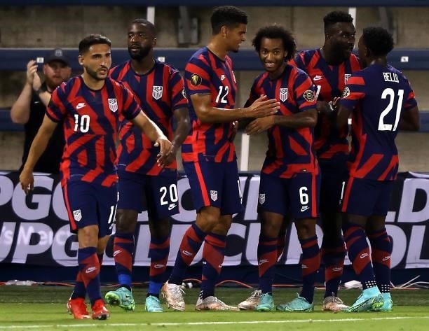 United States players celebrate after a goal during the 2021 CONCACAF Gold Cup match against Martinique at Children's Mercy Park on July 15, 2021 in...
