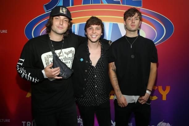 Wesley Stromberg, Keaton Stromberg and Drew Chadwick of Emblem3 attend the Space Jam 2" Cast Premiere Party at Triller House on July 15, 2021 in Los...
