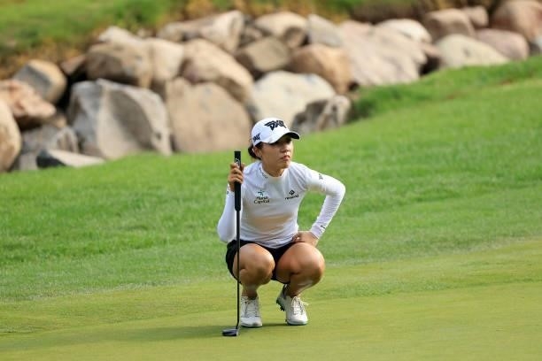 Lydia Ko of Australia looks over a shot on the 14th hole during the second round of the Dow Great Lakes Bay Invitational at Midland Country Club on...