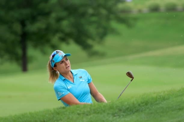 Lexi Thompson plays a shot on the 11th hole during the second round of the Dow Great Lakes Bay Invitational at Midland Country Club on July 15, 2021...