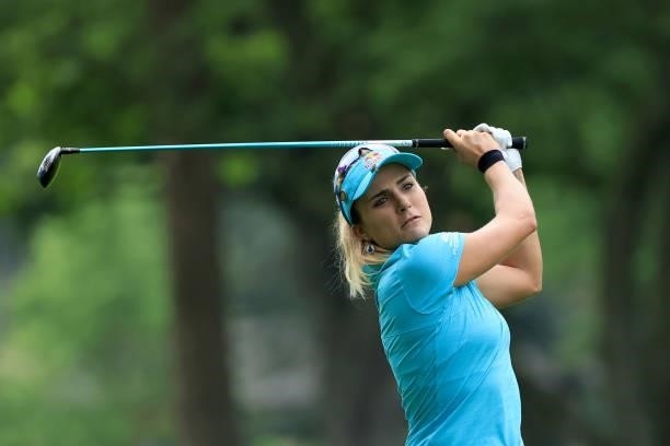 Lexi Thompson plays a shot on the 11th hole during the second round of the Dow Great Lakes Bay Invitational at Midland Country Club on July 15, 2021...
