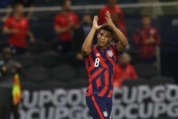 Nicholas Gioacchini of the United States celebrates after scoring their sixth goal during a Group B match between Martinique and United States as...