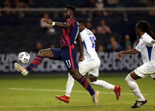 Daryl Dike of the United States scores during the 2021 CONCACAF Gold Cup match against Martinique at Children's Mercy Park on July 15, 2021 in Kansas...