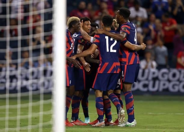 Nicholas Gioacchini of the United States is congratulated by teammates after scoring during the 2021 CONCACAF Gold Cup match against Martinique at...