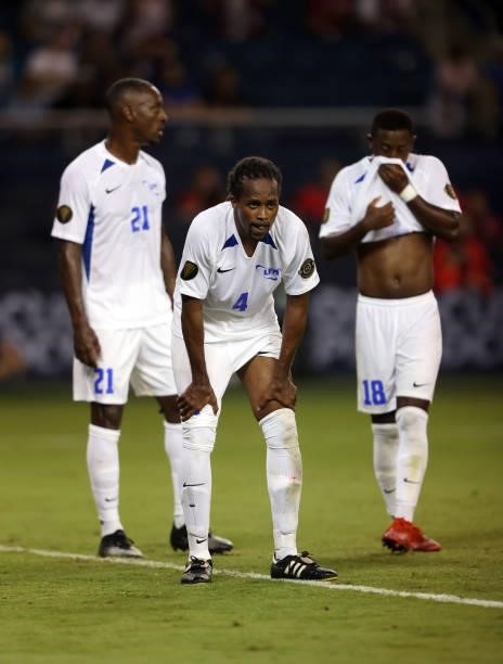 Dondon Gerald, Sebastien Cretinoir and Samuel Camille wait for a corner kick during the 2021 CONCACAF Gold Cup match against the United States at...