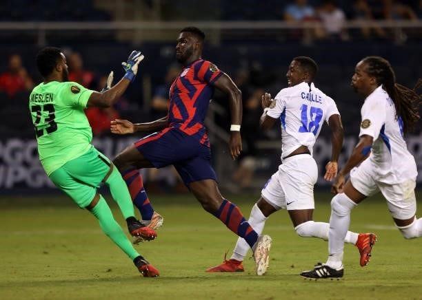 Daryl Dike of the United States scores during the 2021 CONCACAF Gold Cup match against Martinique at Children's Mercy Park on July 15, 2021 in Kansas...