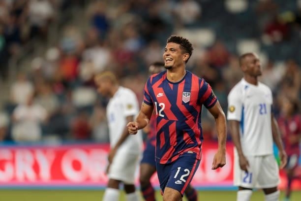 Miles Robinson of the United States scores and celebrates during a game between Martinique and USMNT at Children's Mercy Park on July 15, 2021 in...