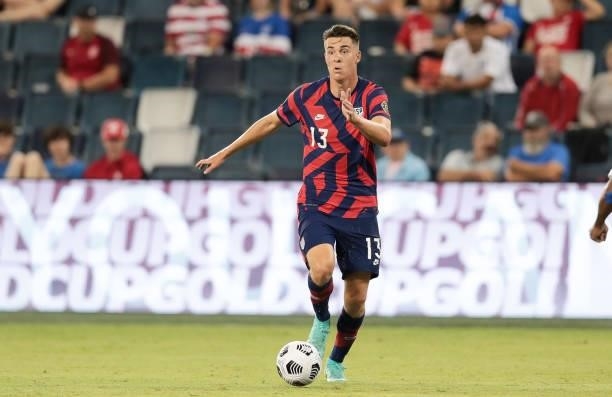 Matthew Hoppe of the United States dribbles with the ball during a game between Martinique and USMNT at Children's Mercy Park on July 15, 2021 in...