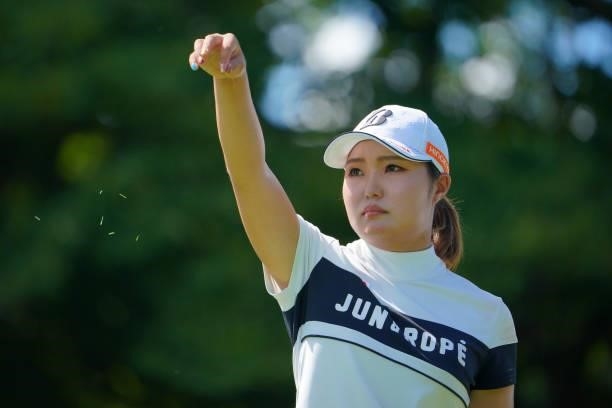 Sayaka Takahashi of Japan checks the wind on the 16th tee during first round of the GMO Internet Ladies Samantha Thavasa Global Cup at Eagle Point...