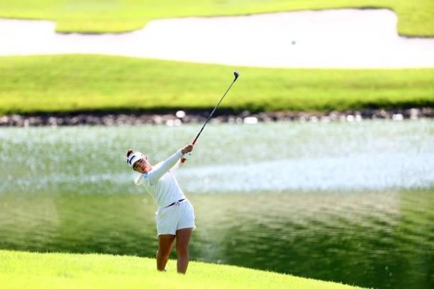 Miyuu Yamashita of Japan hits her second shot on the 18th hole during first round of the GMO Internet Ladies Samantha Thavasa Global Cup at Eagle...