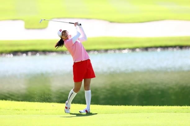 Kotone Hori of Japan hits her second shot on the 18th hole during first round of the GMO Internet Ladies Samantha Thavasa Global Cup at Eagle Point...