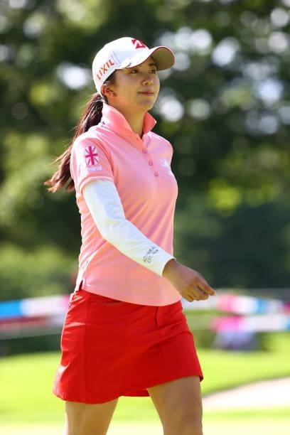 Kotone Hori of Japan reacts after holing out with the birdie on the 18th green during first round of the GMO Internet Ladies Samantha Thavasa Global...