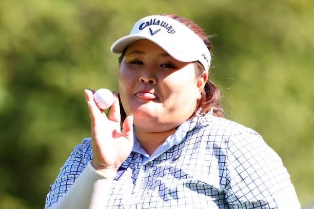Maaya Suzuki of Japan celebrates the hole-in-one on the 9th hole during first round of the GMO Internet Ladies Samantha Thavasa Global Cup at Eagle...