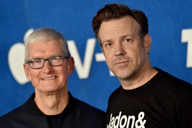 Apple CEO Tim Cook and Jason Sudeikis attend Apple's "Ted Lasso