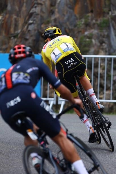 Richard Carapaz of Ecuador and Team INEOS Grenadiers & Tadej Pogačar of Slovenia and UAE-Team Emirates Yellow Leader Jersey at Luz Ardiden during the...