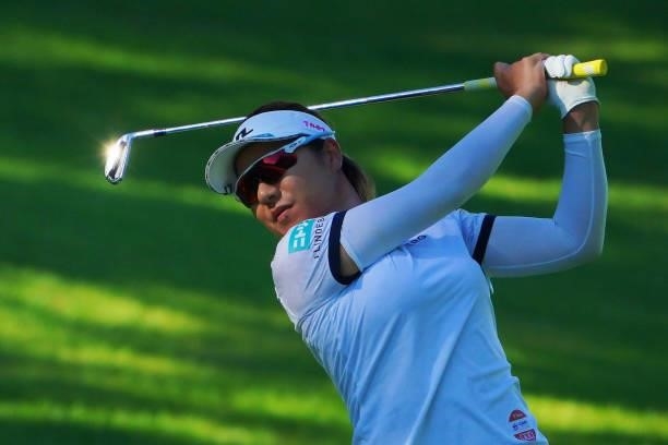Eri Okayama of Japan hits her second shot on the 17th hole during first round of the GMO Internet Ladies Samantha Thavasa Global Cup at Eagle Point...