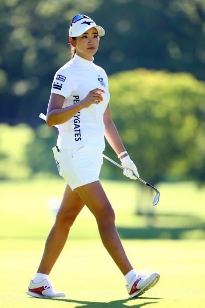 Erika Hara of japan walks to the 18th green during first round of the GMO Internet Ladies Samantha Thavasa Global Cup at Eagle Point Golf Club on...