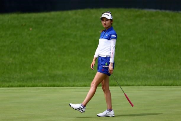 Yuka Yasuda of Japan reacts after a putt on the 18th green during first round of the GMO Internet Ladies Samantha Thavasa Global Cup at Eagle Point...