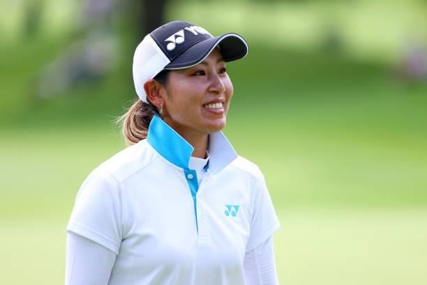 Maiko Wakaabayshi of Japan smiles after holing out on the 18th green during first round of the GMO Internet Ladies Samantha Thavasa Global Cup at...