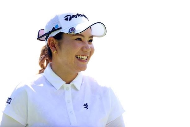 Akira Yamaji of Japan smiles after holing out on the 18th hole during first round of the GMO Internet Ladies Samantha Thavasa Global Cup at Eagle...