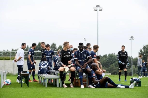 Players of VfL Bochum waiting to pose for the team presentation at on July 16, 2021 in Bochum, Germany.