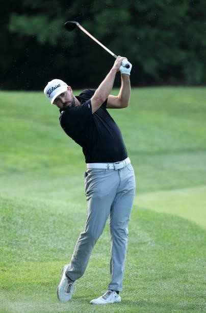 Mark Hubbard plays his second shot on the 11th hole during the second round of the Barbasol Championship at Keene Trace Golf Club on July 16, 2021 in...