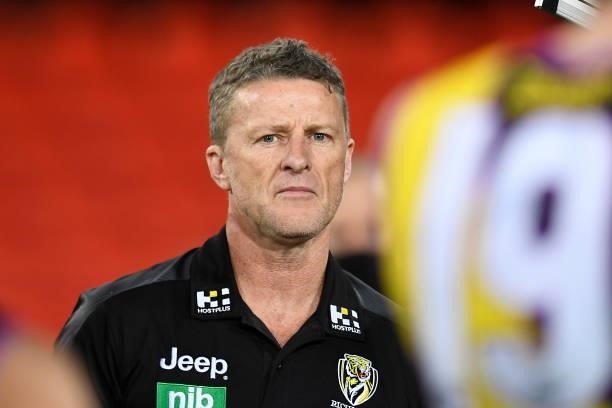 Richmond Tigers coach Damien Hardwick looks on during the round 18 AFL match between the Richmond Tigers and the Brisbane Lions at Metricon Stadium...