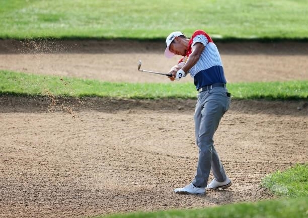 James Hahn plays his second shot on the first hole during the second round of the Barbasol Championship at Keene Trace Golf Club on July 16, 2021 in...