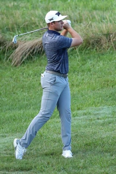 Luke List plays his third shot on the 11th hole during the second round of the Barbasol Championship at Keene Trace Golf Club on July 16, 2021 in...
