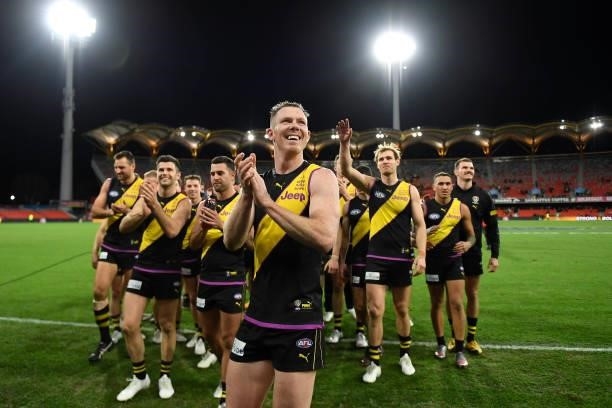 Jack Riewoldt of the Tigers applauds the fans after his team's victory during the round 18 AFL match between the Richmond Tigers and the Brisbane...
