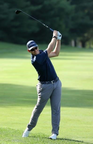 Adam Schenk plays his second shot on the 11th hole during the second round of the Barbasol Championship at Keene Trace Golf Club on July 16, 2021 in...
