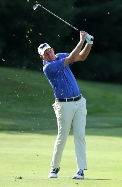 Jim Herman plays his shot on the 11th hole during the second round of the Barbasol Championship at Keene Trace Golf Club on July 16, 2021 in...