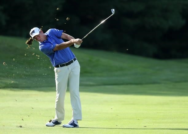 Jim Herman plays his shot on the 11th hole during the second round of the Barbasol Championship at Keene Trace Golf Club on July 16, 2021 in...
