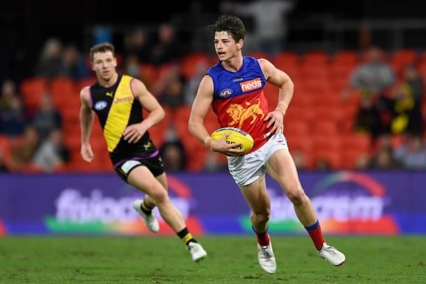 Jaxon Prior of the Lions in action during the round 18 AFL match between the Richmond Tigers and the Brisbane Lions at Metricon Stadium on July 16,...