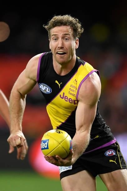 Kane Lambert of the Tigers in action during the round 18 AFL match between the Richmond Tigers and the Brisbane Lions at Metricon Stadium on July 16,...