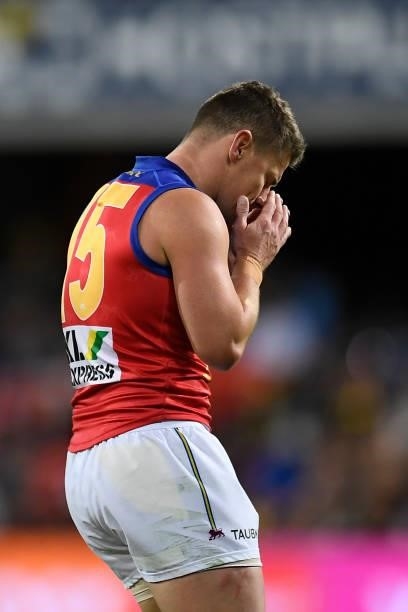 Dayne Zorko of the Lions reacts during the round 18 AFL match between the Richmond Tigers and the Brisbane Lions at Metricon Stadium on July 16, 2021...