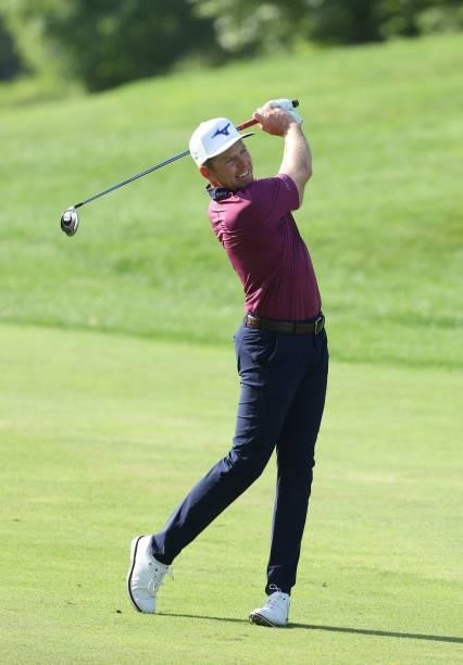 Bo Hoag plays his second shot on the 11th hole during the second round of the Barbasol Championship at Keene Trace Golf Club on July 16, 2021 in...