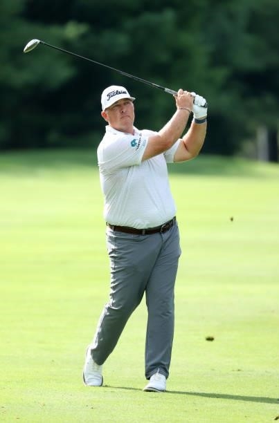 Scott Gutschewski plays his shot on the 11th hole during the second round of the Barbasol Championship at Keene Trace Golf Club on July 16, 2021 in...