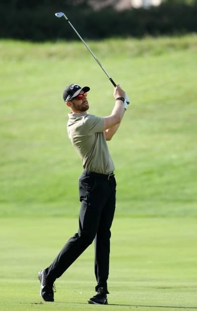 Patrick Rodgers plays his third shot on the 11th hole during the second round of the Barbasol Championship at Keene Trace Golf Club on July 16, 2021...