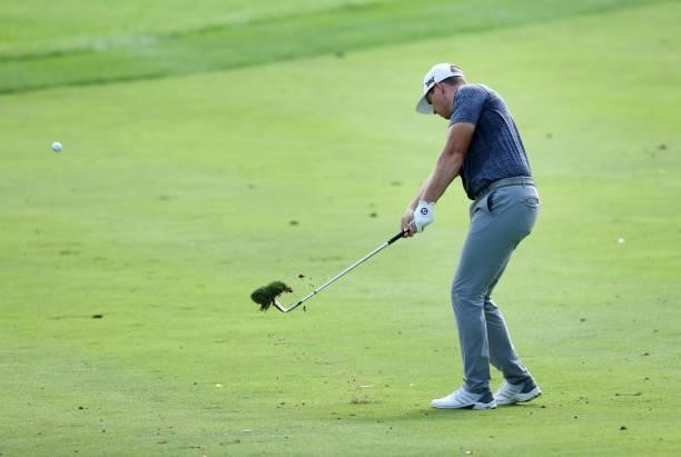 Luke List plays his second shot on the first hole during the second round of the Barbasol Championship at Keene Trace Golf Club on July 16, 2021 in...
