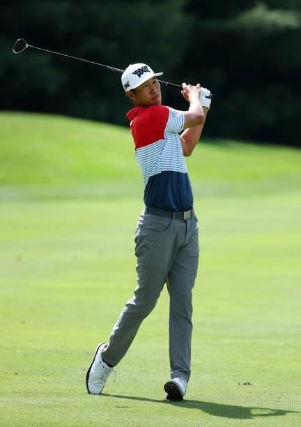 James Hahn plays his second shot on the 11th hole during the second round of the Barbasol Championship at Keene Trace Golf Club on July 16, 2021 in...