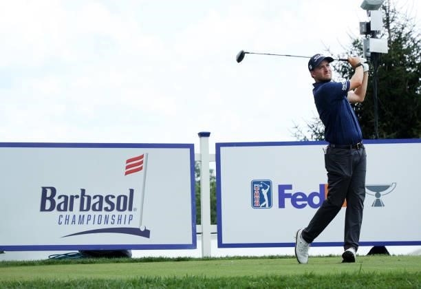 Lee Hodges plays his shot from the first tee during the second round of the Barbasol Championship at Keene Trace Golf Club on July 16, 2021 in...