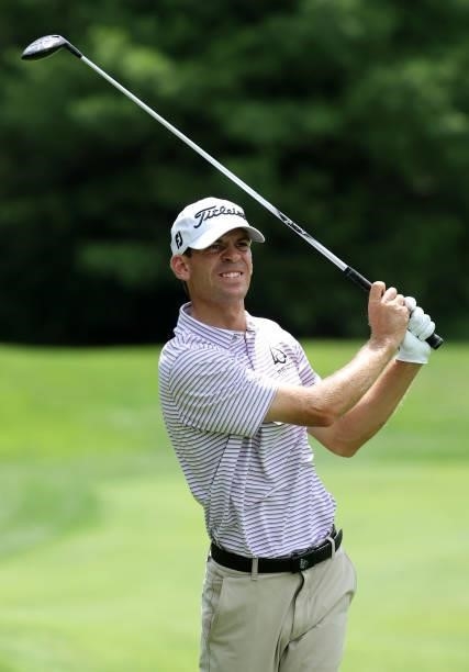 Will Grimmer plays his third shot on the 11th hole during the second round of the Barbasol Championship at Keene Trace Golf Club on July 16, 2021 in...