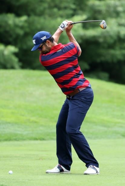 Paul Barjon plays his shot on the 11th hole during the second round of the Barbasol Championship at Keene Trace Golf Club on July 16, 2021 in...