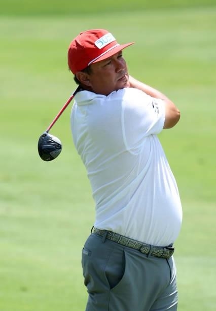 Jason Dufner plays his second shot on the 11th hole during the second round of the Barbasol Championship at Keene Trace Golf Club on July 16, 2021 in...