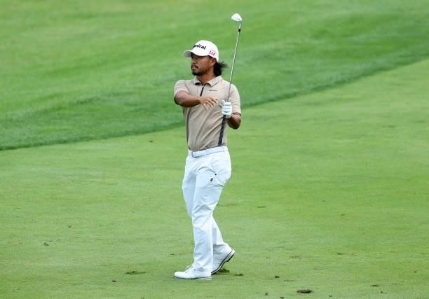 Satoshi Kodaira of Japan plays his second shot on the first hole during the second round of the Barbasol Championship at Keene Trace Golf Club on...