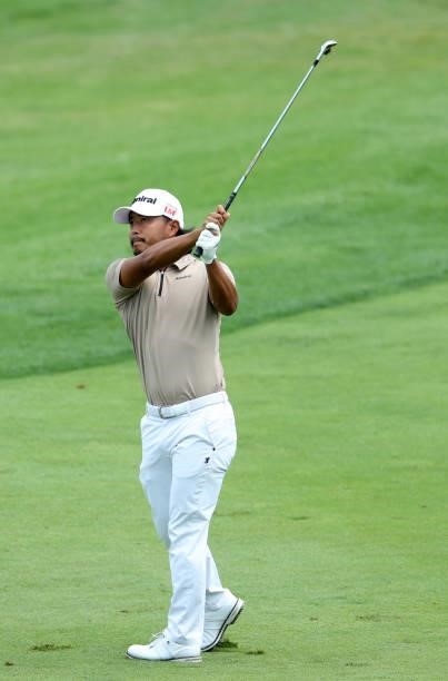 Satoshi Kodaira of Japan plays his second shot on the first hole during the second round of the Barbasol Championship at Keene Trace Golf Club on...
