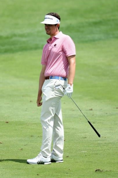 Beau Hossler plays his second shot on the first hole during the second round of the Barbasol Championship at Keene Trace Golf Club on July 16, 2021...