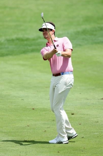 Beau Hossler plays his second shot on the first hole during the second round of the Barbasol Championship at Keene Trace Golf Club on July 16, 2021...