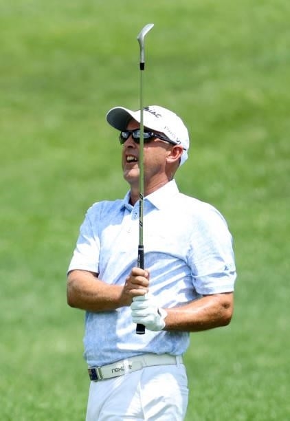 Cameron Percy of Australia plays his shot on the first hole during the second round of the Barbasol Championship at Keene Trace Golf Club on July 16,...